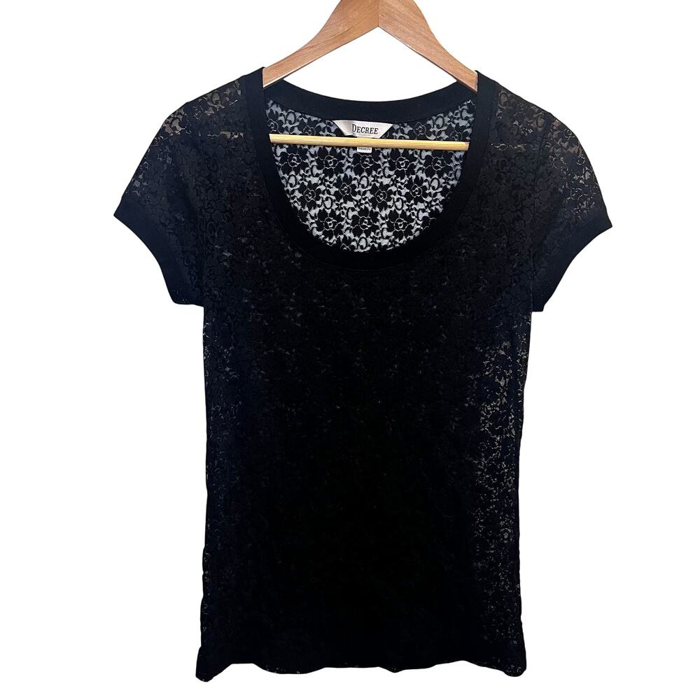 Decree Womens Large Black Lace Sheer Floral Short‎ Sleeve Top Whimsigoth Y2k